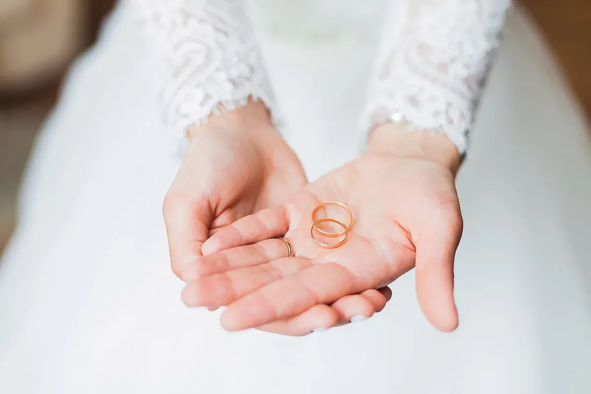 Two wedding bands resting in an open hand