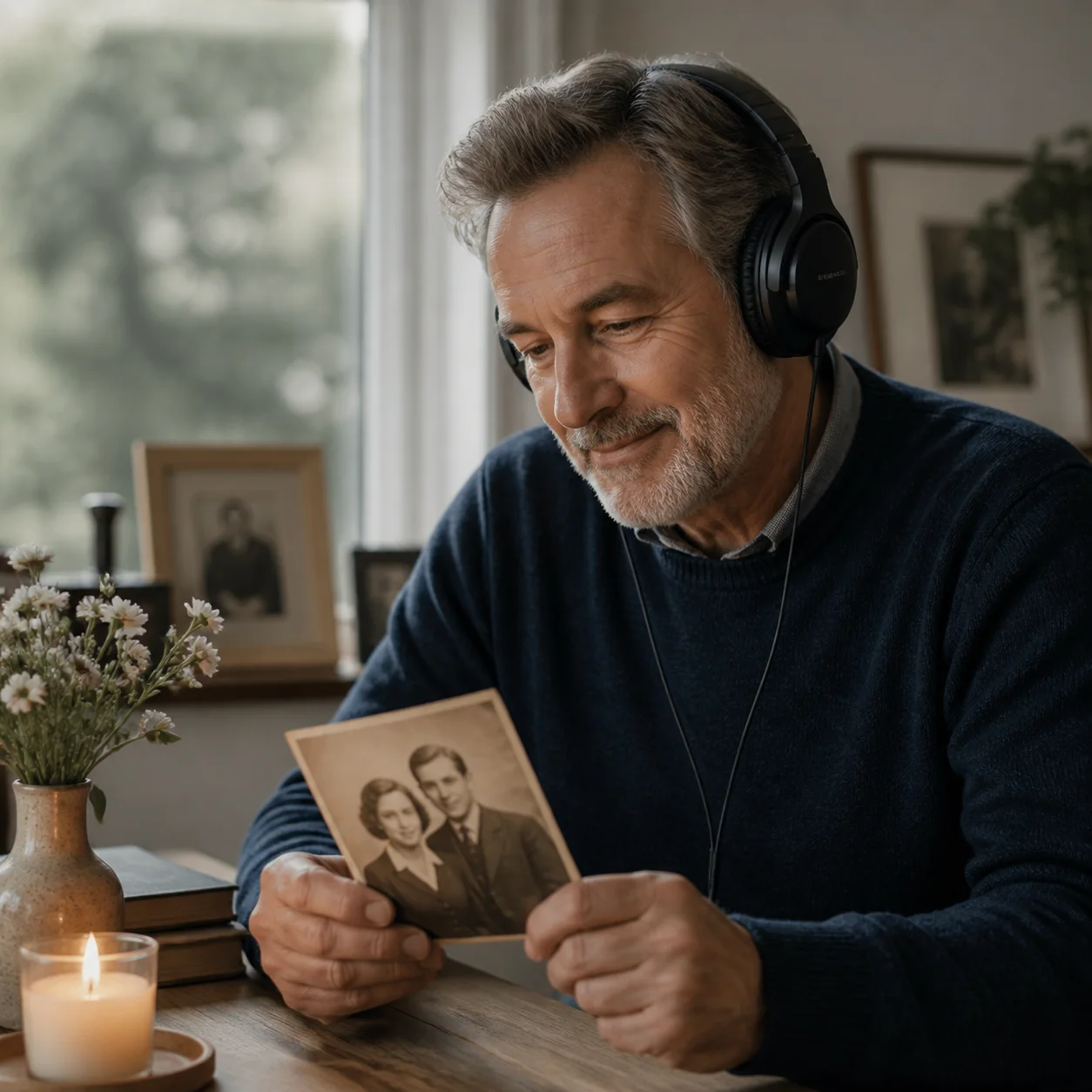 A man wearing headphones looking at an old photograph