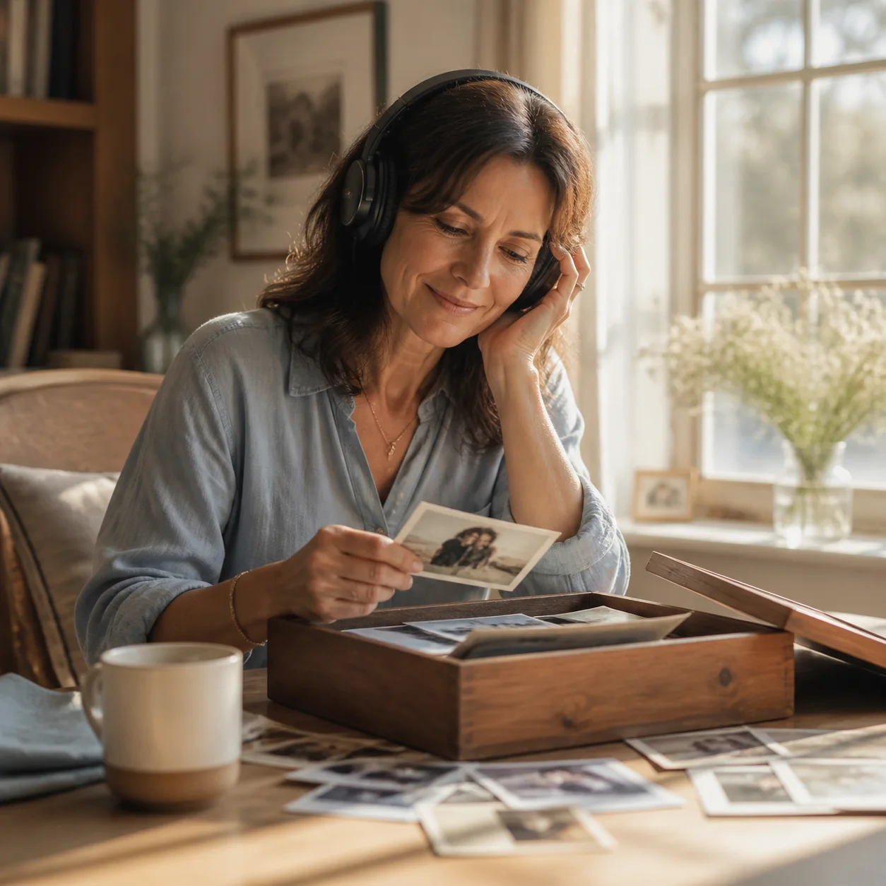 A woman wearing headphones looking through photographs beside a box